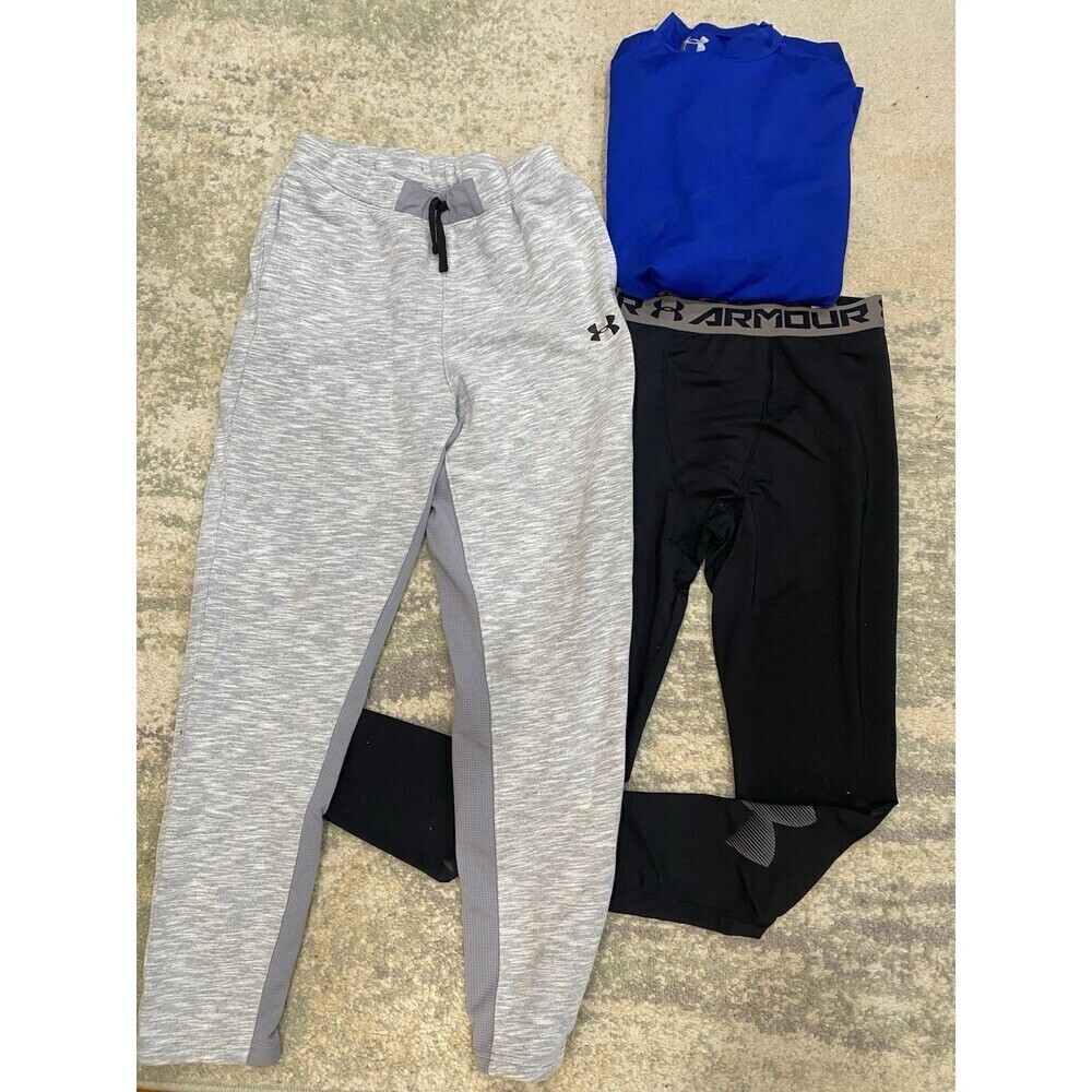 LOT (3) Under Armour Joggers Leggings Youth XL - YXL - Base Layer Blue Gray